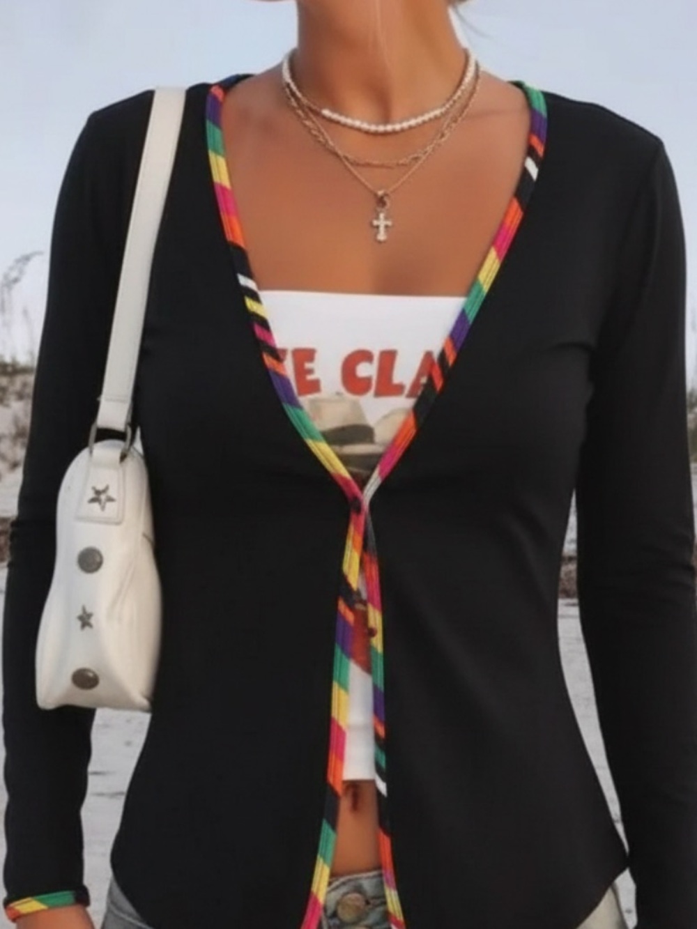 Vintage Rainbow Trim Convertible Open Back Cardigan Top One size fits most. - Picture 2 of 13